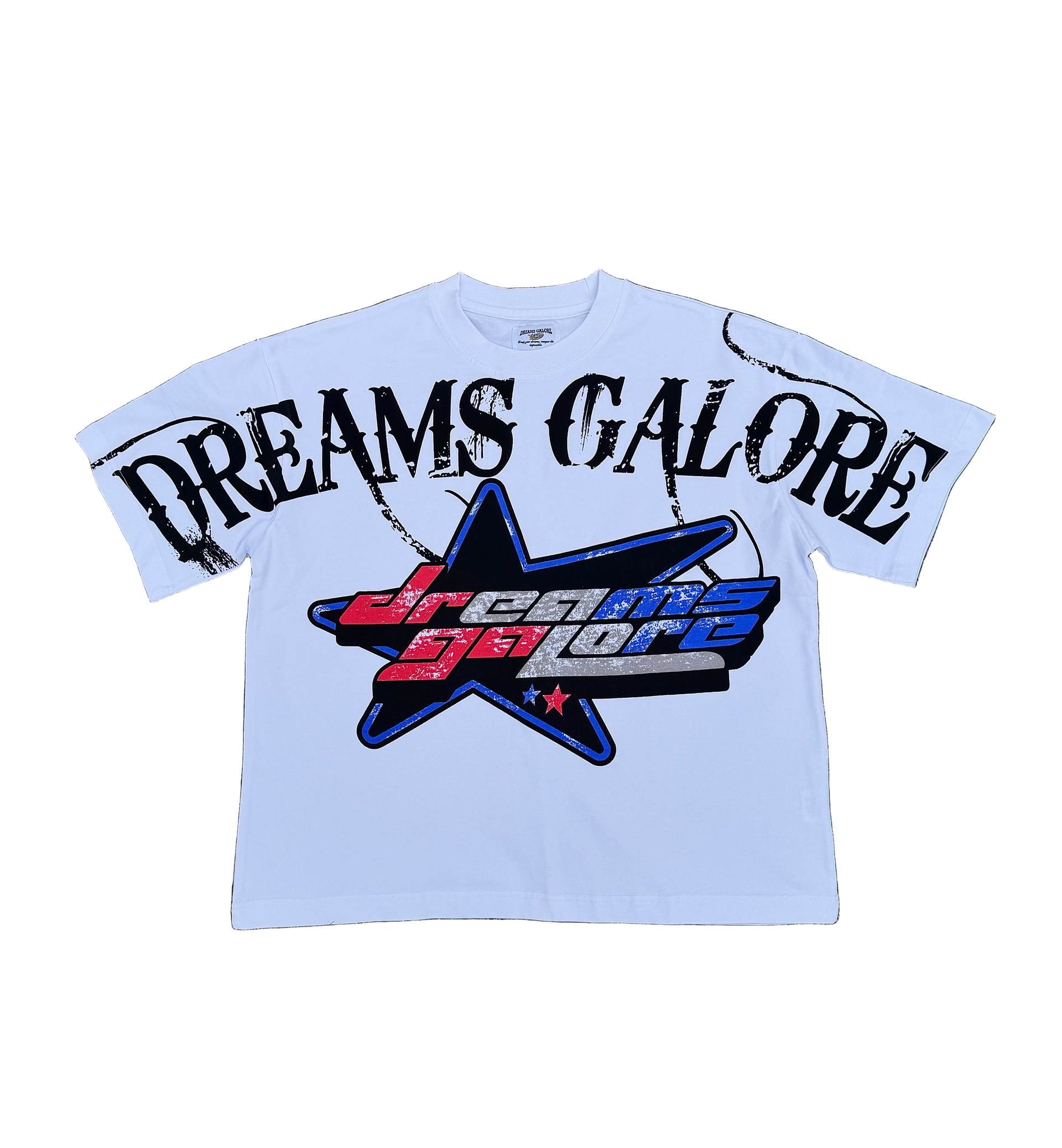White t-shirt with 'Dreams Galore' logo on grass